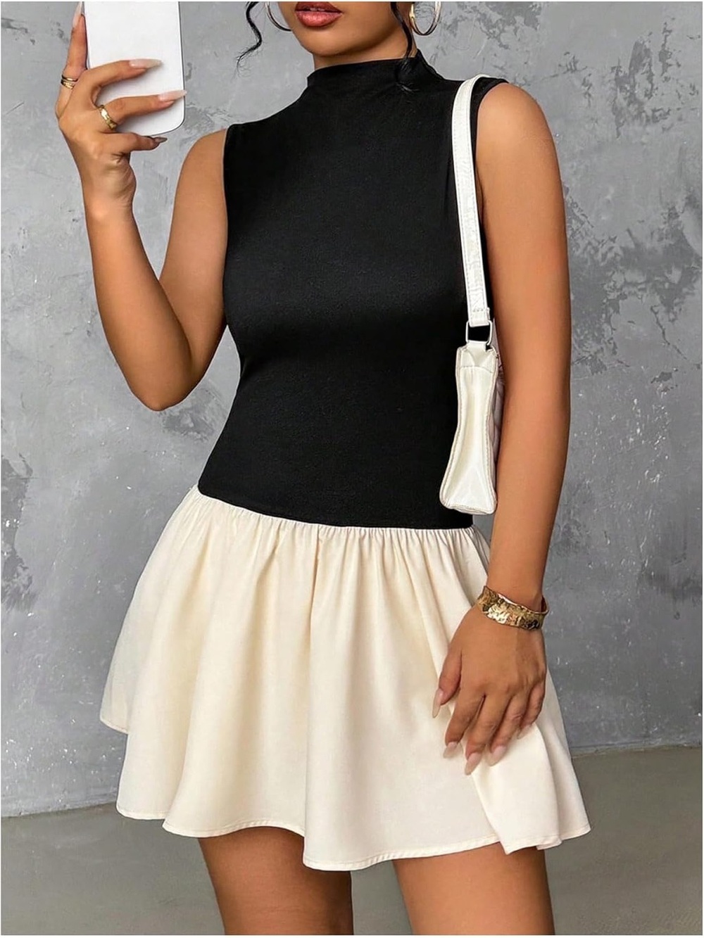 Black and Cream Colorblock Mock Neck Sleeveless Drop Waist Mini Dress Small - Picture 6 of 8